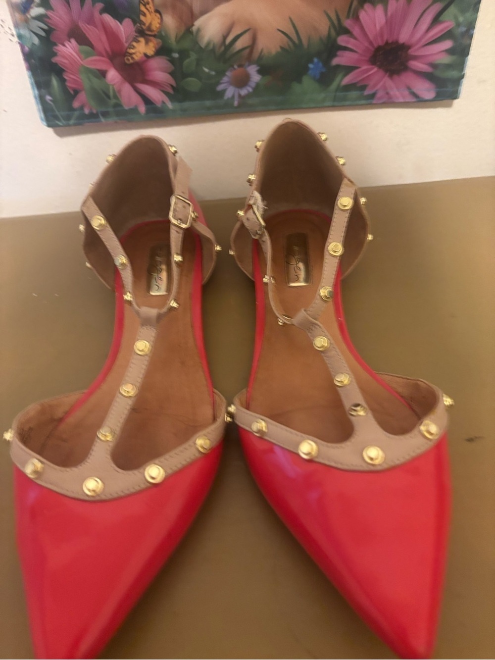 Halogen Red Patent Pointed T-Strap Flats with Beige Trim and Gold Studs